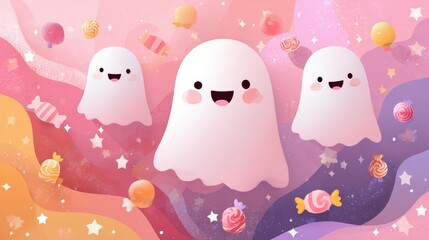 Obraz premium Playful Ghost Characters with Colorful Candies and a Pink Background