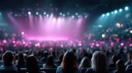 Audience Silhouettes Watching Glowing Purple Stage Performance