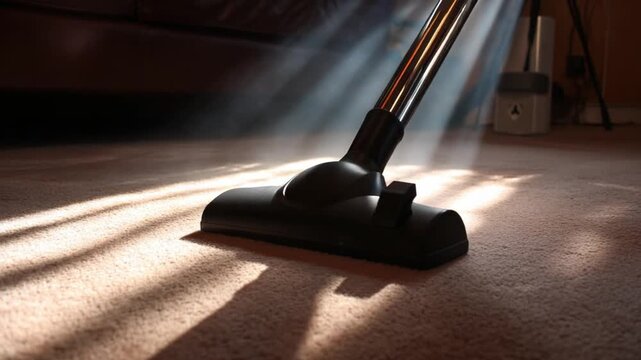 Cleaning in the Light: The head of a vacuum cleaner glides across a carpet, dust motes dance in sunbeams, revealing the satisfaction of tidiness. A perfect representation of cleanliness and order.