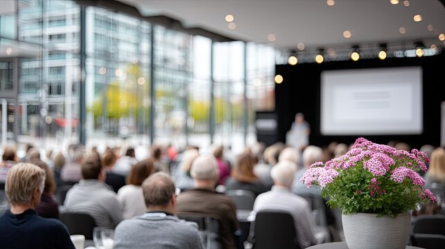Audience Seated in Bright Modern Conference Room with Flowers Stage and Blurred Background