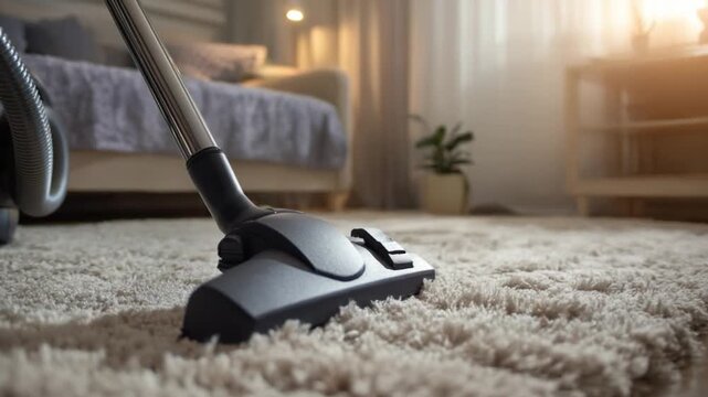 Carpet cleaning: A detailed shot of a vacuum cleaner in action, gently gliding across the plush carpet, symbolizing home cleanliness and maintenance.