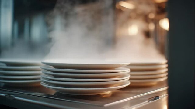 Plates stacked steam: Stack of clean, pristine plates are emitting wisps of steam, set in a professional kitchen scene. Creating anticipation of gourmet dining experience.