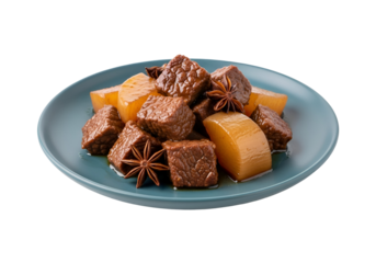 A close-up view of a plate of savory beef and root vegetables, glistening with sauce and topped with star anise.