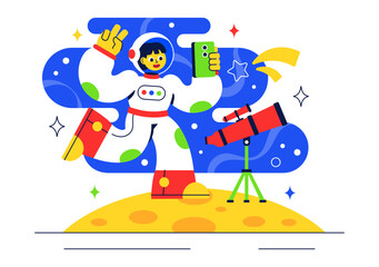 Space Tourism Illustration featuring Multinational Tourists Flying on a Rocket With Views of Outer Space Stations and Several Planets in a Background