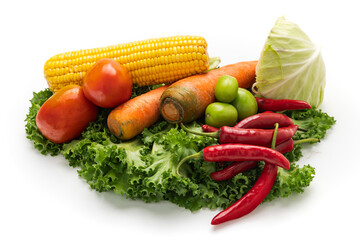 Assortment of fresh vegetables including corn, tomatoes, carrots, green tomatoes, red chili peppers, cabbage, and lettuce isolated on white background