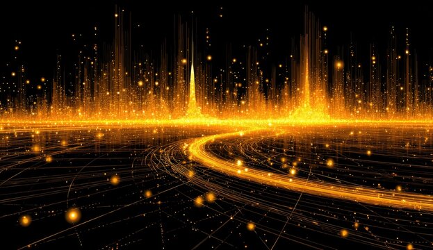 Golden, swirling, abstract, city lights, futuristic