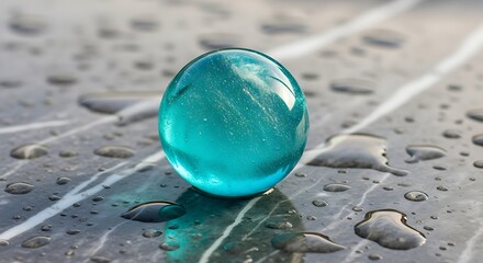 A vibrant teal glass sphere rests on a dark, wet, marbled surface, reflecting light and water droplets