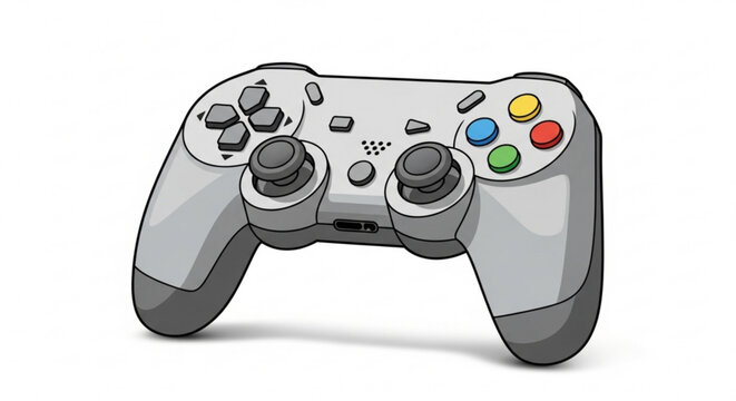 Illustration of a gray wireless gaming controller for video games and console gaming with buttons and joysticks