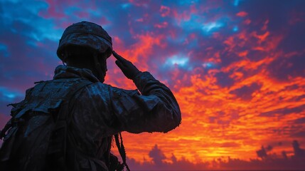 Soldier saluting silhouette against dramatic sunset sky, Veterans Day or Army Day concept, symbolizing service and sacrifice, copy space for text.