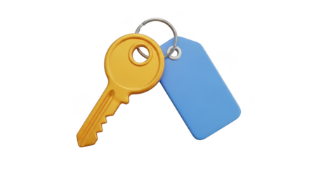 Yellow key and blue tag on a transparent background isolated on transparent background