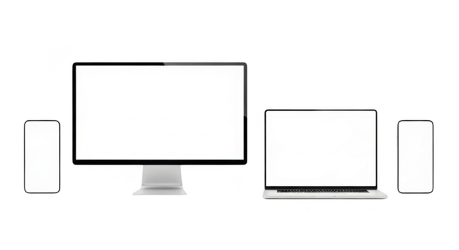 Modern desktop computer setup with speakers isolated on transparent background