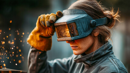 Close-up of female welder with mask and sparks, symbolizing professionalism and safety.