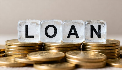 Frozen ice blocks spelling LOAN arranged carefully on shiny coins