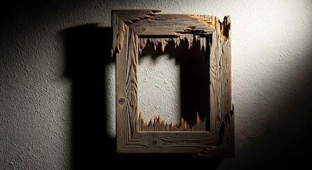 A weathered wooden picture frame, heavily damaged, casting a shadow on a textured wall