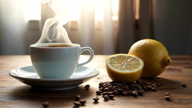 Coffee on the table Lemon with coffee beans Still life The comfort of lemon coffee