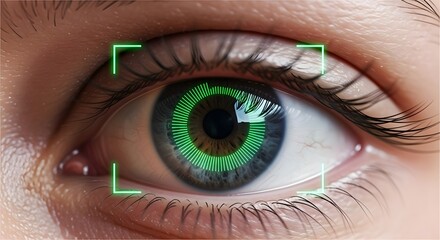 Close-up of a human eye with a green digital scan overlay, highlighted by a square frame.