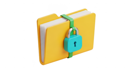 Yellow folder secured with a padlock isolated on transparent background