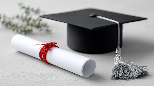 Black Graduation Cap and Diploma Scroll Tied with Red Ribbon on White Surface
