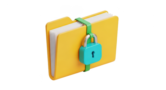 Yellow folder secured with a padlock isolated on transparent background