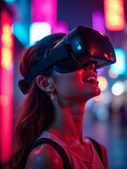 Cinematic close-up of young woman wearing VR headset at night in neon-lit urban street with colorful bokeh lights expressing awe and futuristic wonder