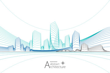 An urban landscape showcasing imaginative and abstract architectural line art.