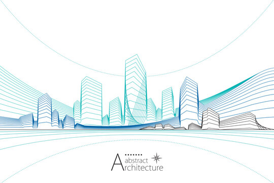 An urban landscape showcasing imaginative and abstract architectural line art.