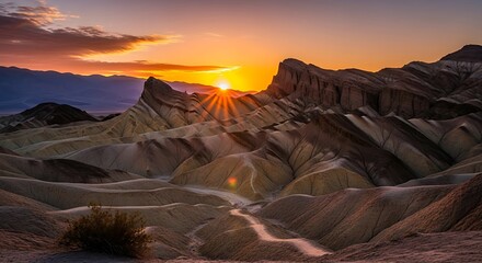Sunset Over Zabriskie Point Dramatic Valley Landscape.