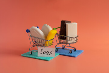 Chunks of dark and light soap in close-up on a bright kopi space background	