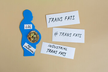 The silhouette of a man with a large belly, inside which are various trans fats, and the inscription "trans fats", symbolizing the concept of malnutrition and the danger of visceral fat for men and hu