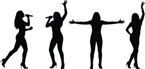Silhouettes of four female singers performing on stage, singing with microphones and dynamic dance poses.