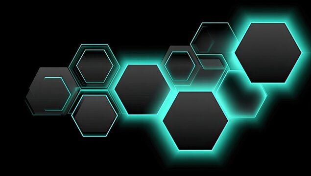 Abstract design with dark hexagons, teal glowing outlines - Powered by Adobe
