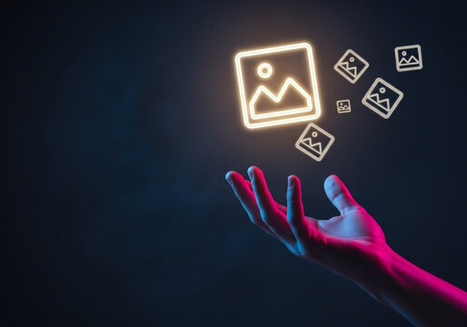 Neon hand holding multiple image icons, perfect for managing photo galleries, digital portfolios, and image collections