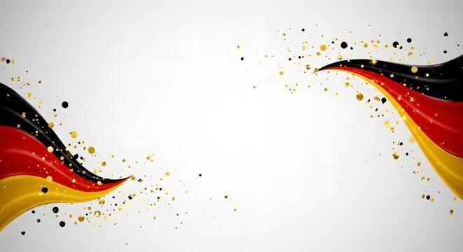 Abstract background celebrating Germany’s Independence Day, featuring dynamic flowing waves in black, red, and yellow, golden sparkles and festive light glow