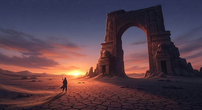 A solitary figure stands before a massive ancient stone archway in a dry cracked desert landscape at sunset - Powered by Adobe