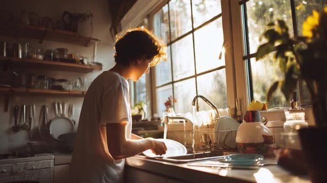 Morning Routine: A person starts their day washing dishes at a sunlit kitchen sink. The soft light pours in through the window, creating a cozy, inviting atmosphere.