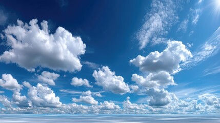Blue Sky Panorama with White Fluffy Clouds on a Bright Sunny Day Sunlight Reflection and Serene Atmospheric Conditions in Horizontal Composition