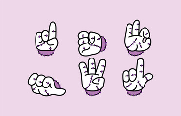 A collection of six stylized cartoon hands, each depicted with a white outline and purple cuffs, illustrating various hand gestures and numerical counts. Disembodied Hand Halloween Retro Mascot.