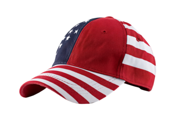 Patriotic american flag baseball cap with stars and stripes on transparent background, PNG