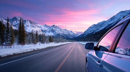Blue Suv Car on Sunset Road With Snow Mountains and Pine Trees Evening Sky Landscape Asphalt Travel Adventure Freedom Winter Holiday Roadtrip