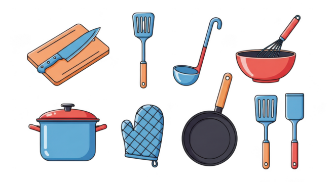 Collection of kitchen utensils isolated on transparent background