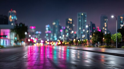 Blurred Cityscape at Night with Colorful Reflections and Rain Wet Asphalt Road Under Street Lights