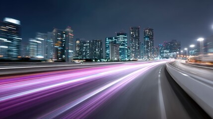 Blurred Cityscape at Night with Light Trails and Tall Buildings Illuminated Under Dark Sky Motion Blur