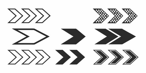 Collection of various arrow designs pointing right with different styles and patterns on a white background | editable eps vectors silhouette