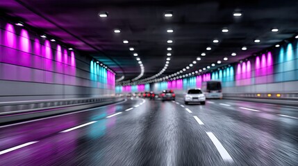 Blurred Motion in Illuminated Tunnel with Traffic and Blue and Pink Lights