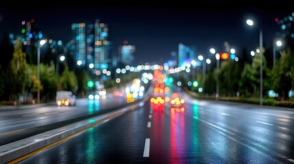 Blurred Motion Of Night Highway Traffic With City Lights In Background