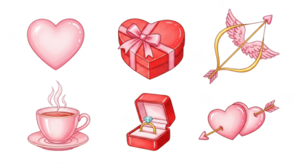 Valentine s day watercolor icons isolated on transparent background