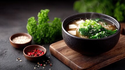 Bowl of Hot Ramen Soup Topped with Green Onions and Spinach on Dark Stone Background with Wooden Serving Board in Warm Light
