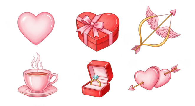 Valentine s day watercolor icons isolated on transparent background