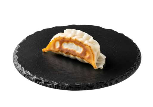 Crispy, golden-brown gyoza dumpling, delicately placed on a dark slate plate, showcasing its texture and appetizing appearance against a stark black backdrop.