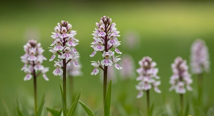 Five spotted orchids in a grassy field with blurred background